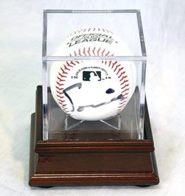 img 1 attached to Walnut Finish Single Baseball Cube Display Case Stand With 98% UV Ultra Pro Cube Included