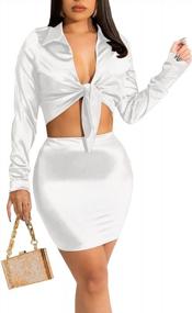 img 4 attached to Women'S Club Night Out Sexy Long Sleeve 2 Piece Tie Front Crop Top And Mini Bodycon Skirt Set