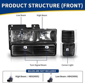 img 3 attached to 🚗 Quality Black Housing Headlight Assembly Kit for Chevy C/K Series 1500 2500 3500, Tahoe, Suburban, Silverado 1994-2000