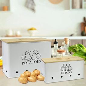 img 2 attached to Potato Onion Storage Box with Aerating Tin Storage Holes & Bamboo Lid - Xbopetda Food Container Set for Vegetables, Set of 2 Jars Pots Containers, White