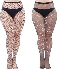 img 4 attached to Plus Size Fishnet Tights - 2 Pairs Sexy Black Sparkle Diamonds