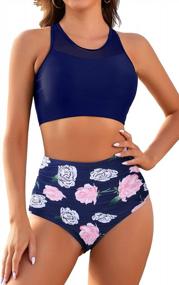 img 1 attached to Sporty Mesh High Neck Bikini Set With Retro Bottoms For Women - Tummy Control, High Waist Bathing Suit
