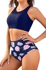 img 3 attached to Sporty Mesh High Neck Bikini Set With Retro Bottoms For Women - Tummy Control, High Waist Bathing Suit