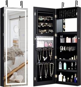 img 4 attached to Black 47.5'' Wall/Door Mounted Lockable Jewelry Armoire With LED Touch Screen Mirror And Large Storage - CHARMAID Jewelry Cabinet Organizer