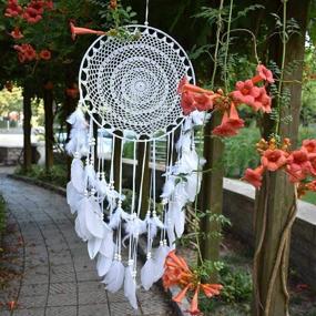 img 1 attached to Boho Dream Catcher Wall Hanging With White Feathers - Large Macrame Decoration For Vintage Weddings And Home Décor - 13.7 Inch Circle And 45.3 Inches Long
