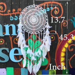 img 2 attached to Boho Dream Catcher Настенная подвеска с белыми перьями - большое украшение макраме для винтажных свадеб и домашнего декора - круг 13,7 дюйма и длина 45,3 дюйма