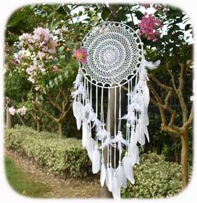 img 3 attached to Boho Dream Catcher Настенная подвеска с белыми перьями - большое украшение макраме для винтажных свадеб и домашнего декора - круг 13,7 дюйма и длина 45,3 дюйма