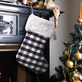 img 4 attached to EDLDECCO 20.5 Inch Christmas Snowy White Faux Fur Black And White Plaid Stocking For Holiday Party Decorations Gift-One Piece