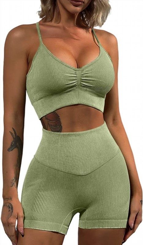 Buy QINSEN Workout Outfits for Women 2 Piece Long Sleeve Cutout Crop Tops  Tummy Control Leggings Sets, Green, Large at