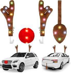 img 4 attached to 🦌 URATOT Christmas Car Reindeer Antlers Kit with LED Tail - Dark Brown Vehicle Decoration Set, Perfect Xmas Gift