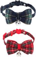 set of 2 plaid cat collars with adjustable cute bow tie and bell - solid & safe collars for kittens and small puppies, red & green logo