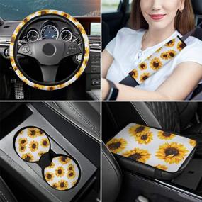 img 3 attached to 🌻 Complete Sunflower Car Accessories Set: 11 Pcs Steering Wheel Cover, Console Cover, Seat Belt Pads, Cup Holder Coaster, Keyrings & Lanyard for Women