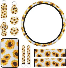 img 4 attached to 🌻 Complete Sunflower Car Accessories Set: 11 Pcs Steering Wheel Cover, Console Cover, Seat Belt Pads, Cup Holder Coaster, Keyrings & Lanyard for Women