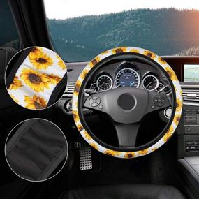 img 2 attached to 🌻 Complete Sunflower Car Accessories Set: 11 Pcs Steering Wheel Cover, Console Cover, Seat Belt Pads, Cup Holder Coaster, Keyrings & Lanyard for Women