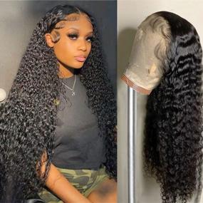 img 4 attached to Larhali Hair 13X6 HD Transparent Lace Front Wigs Human Hair With Baby Hair 150% Density Brazilian Deep Wave Human Hair Wigs For Black Women Bleached Knots Natural Color (30 Inch, Black Color)