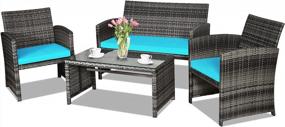 img 4 attached to Goplus 4-Piece Rattan Patio Furniture Set Outdoor Wicker Conversation Sofa Weather Resistant Cushions Tempered Glass Tabletop Lawn Backyard Pool Garden Turquoise