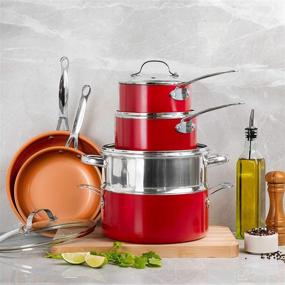 img 2 attached to 🍳 Gotham Steel 10-Piece Kitchen Set with Chef Daniel Green's Non-Stick Ti-Cerama Coating - Red Skillets, Fry Pans, Stock Pots, and Steamer Insert