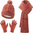 winter hat, scarf, and gloves set for women - stylish knitted beanie, long scarf, and touch screen compatible gloves for warmth and fashion logo