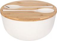 large 9.8 inch solid bamboo salad bowl set with servers and lid - perfect for fruits, salads, and decorations - white color - gehe bamboo bowl and spoon set логотип