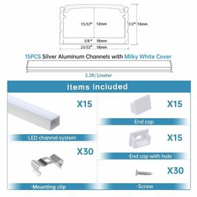 img 3 attached to Muzata 15Pack 3.3FT/1M Silver LED Channel System Spotless U Shape With Frosted Milky White Diffuser Cover 18X13 Mm Wide Aluminum Profile Track For Waterproof LED Strip, U103 1M WW, LN1 LU2 LP1