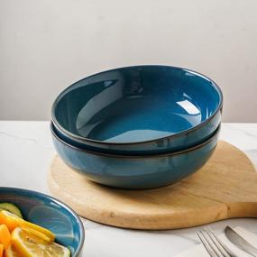 img 2 attached to Set Of 4 Selamica Ceramic Pasta Bowls, 30 Ounce Large Serving Bowls With Wide And Shallow Design, 8 Inch Porcelain Bowls In Ceylon Blue With Black Rim - Microwave And Dishwasher Safe
