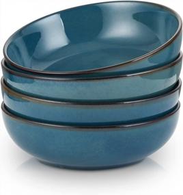 img 4 attached to Set Of 4 Selamica Ceramic Pasta Bowls, 30 Ounce Large Serving Bowls With Wide And Shallow Design, 8 Inch Porcelain Bowls In Ceylon Blue With Black Rim - Microwave And Dishwasher Safe