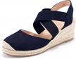 women's mid heel espadrille wedge sandals with elastic strap, closed toe and criss cross design logo