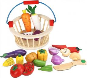 img 1 attached to Магнитный набор деревянных игрушек для нарезки овощей с едой для детей - Victostar с корзиной в комплекте!
