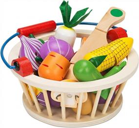 img 4 attached to Магнитный набор деревянных игрушек для нарезки овощей с едой для детей - Victostar с корзиной в комплекте!