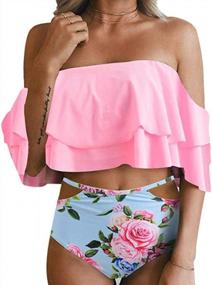 img 4 attached to ZIUMUDY Women'S Flirty Off-Shoulder Bikini Set With Ruffled Flounce And High-Waisted Bottoms