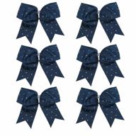 set of 6 jumbo navy blue college cheerleader bows with sparkling rhinestone accents and elastic hair ties logo