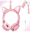 sparkling unicorn headphones with led glowing cat ears for kids, teens, women - foldable wired over-ear headset in peach for smartphones, iphones, ipads, laptops, and kindle logo