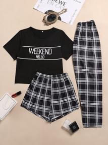 img 2 attached to Verdusa Women'S 3 Piece Plaid Print Pajama Sets Tee Top And Shorts Pants Pj Set