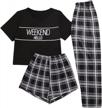verdusa women's 3 piece plaid print pajama sets tee top and shorts pants pj set logo