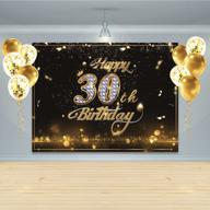 30th birthday party supplies - happy birthday banner backdrop with balloons, black and gold decorations, perfect photo props for him or her's 30th birthday celebration logo