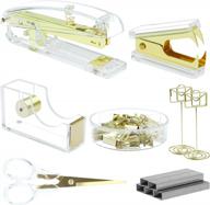 golden office accessories for women: acrylic stapler, tape dispenser, scissors, staple remover, binder clips, name card clips, push pins, paper clips, and staples set logo