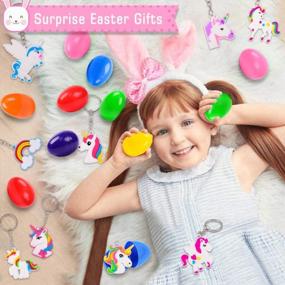 img 2 attached to 16 Pcs Plastic Easter Eggs + 16 Pcs Rainbow Unicorn Keychains - Perfect For Kids Boys Girls Easter Party Favors, Egg Hunts & Basket Stuffers!