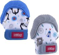 nuby soothing teething mitten - 2-pack, grey bears & blue penguins логотип