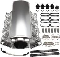 high-performance racing intake manifold with fuel rail - 102mm throttle body and sheet metal fabrication - efi - 15° throttle opening - compatible with chevrolet chevy gmc pontiac ls ls1 ls2 ls6 silver logo