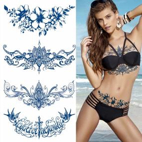 img 4 attached to Glaryyears Semi Permanent Tattoos For Women Girls, 4 Pack Kit Large Realistic Long Lasting Temporary Tattoo Looks Like Real Makeup, Cool Flowers Letters On Body Chest Underboob Tramp Stamp Lower Back