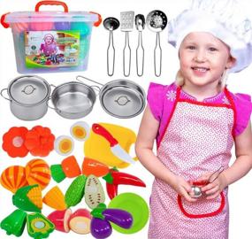 img 4 attached to Kids Cooking Set With Pretend Cutting Food, Stainless Steel Pots, And Kitchen Accessories - Fun Toddler Playset With Chef Hat, Apron, Toy Knife, And Cutting Board For Boys And Girls