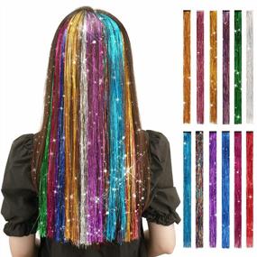 img 4 attached to 12Pcs 20In Rainbow Hair Glitter Tinsel Clip-In Extensions - FESHFEN Colorful Highlights Kit For Shiny, Sparkling Hair!