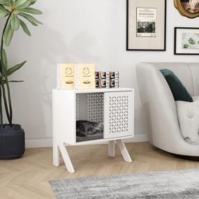 img 3 attached to Modern Freestanding Wooden Cat House With Cushion And Storage, Grey Accent Cabinet With Doors And Small Entryway Table, Perfect For Indoor Cats And Doubles As Nightstand - HOMEFORT Pet Furniture