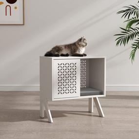 img 2 attached to Modern Freestanding Wooden Cat House With Cushion And Storage, Grey Accent Cabinet With Doors And Small Entryway Table, Perfect For Indoor Cats And Doubles As Nightstand - HOMEFORT Pet Furniture