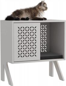 img 4 attached to Modern Freestanding Wooden Cat House With Cushion And Storage, Grey Accent Cabinet With Doors And Small Entryway Table, Perfect For Indoor Cats And Doubles As Nightstand - HOMEFORT Pet Furniture