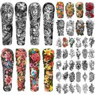 46 sheets full arm waterproof temporary tattoo for men and women (l22.8“xw7”), flower skull wolf snake large tattoo sticker and rose lily daisy medium fake tattoo stickers for body hand forearm leg logo