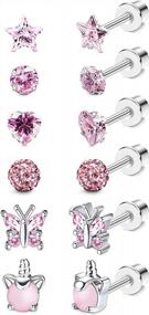 img 4 attached to 6 Pairs Hypoallergenic Cubic Zirconia Earrings Set For Women - Ball, Heart, Butterfly Studs & Tragus Cartilage Jewelry In Stainless Steel Screw Back