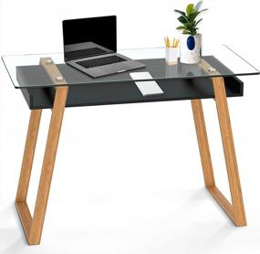 img 4 attached to BonVIVO Massimo Small Desk - 43 Inch, Modern Computer Desk For Small Spaces, Living Room, Office And Bedroom - Study Table W/Glass Top And Shelf Space - Black