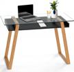bonvivo massimo small desk - 43 inch, modern computer desk for small spaces, living room, office and bedroom - study table w/glass top and shelf space - black logo