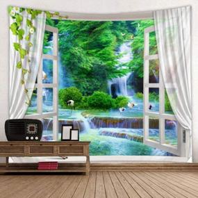 img 4 attached to Green Tropical Forest Jungle Waterfall Lake Birds Nature Landscape Tapestry Fabric Wall Hanging For Living Room - BROSHAN Window Wall Tapestry For Cloth Wall Mural Covering Blanket